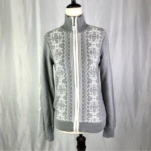 Izod zip front cardigan sweater snowflake fair isle grey white S
